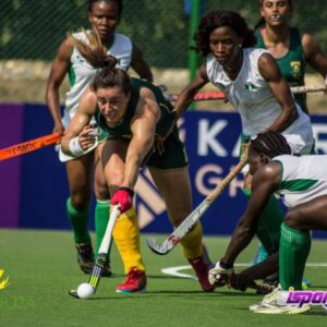 A South African player going past 3 Nigerian defenders in their game earlier today