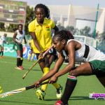 Ghana’s Elizabeth Opoku trying to win the ball from a Kenyan player